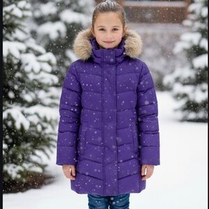Lands’ End Fleece Lined Parker Hooded Puffer Coat Violet Girls Small 6-7 New